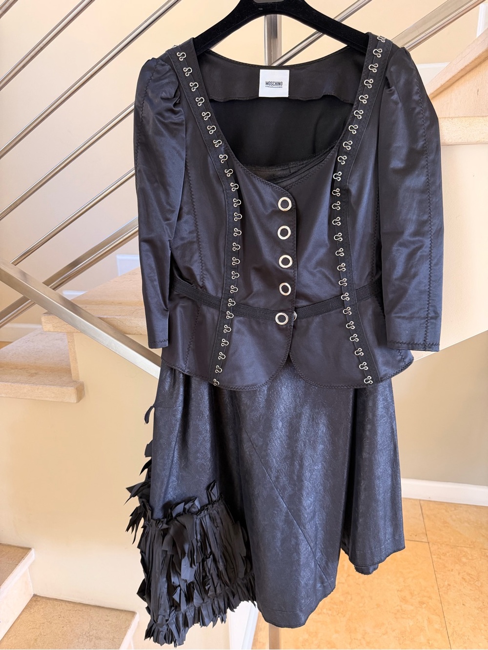 Vintage Moschino Black Satin-Look Hook & Eye Peplum Jacket